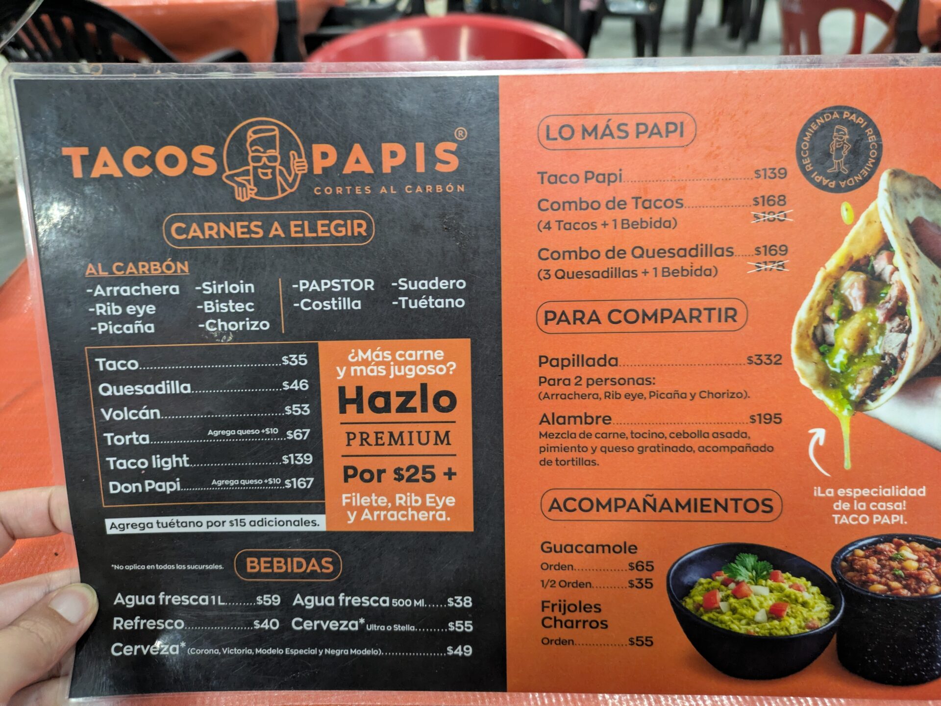メキシコ・レオン市南部45号線沿いのTacos Papisメニュー